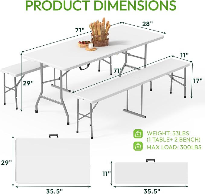 HLPB Folding Table Picnic Table Set, 6 ft Camping Table with 2 Benches, Outdoor Indoor Portable Folding Furniture for Working Meeting Party, Camping, Picnic, Weddings w/Handle and Safety Locks, White