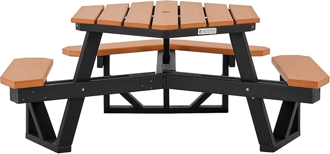 Global Industrial Outdoor 46" Hexagonal ADA Accessible Picnic Table with 3 Attached Benches, Recycled Plastic Construction, 1600 Lbs Weight Capacity, Cedar
