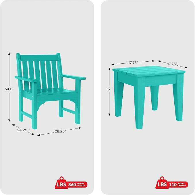 Costaelm Outdoor Patio Table and Chairs Set of 2, 2-Piece HDPE Garden Chair with Square Adirondack Side Table Set, Porch Chairs Coffee Table for Outside Porch Backyard, Turquoise