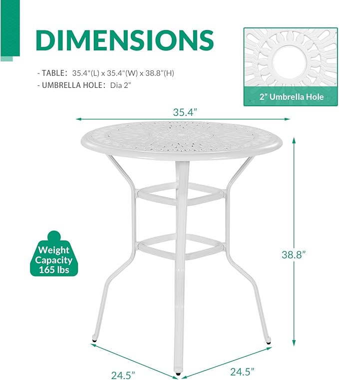 VIVIJASON 35.4" Patio Height Bar Table, All-Weather Cast Aluminum Bar Bistro Table Outdoor Patio Round Dining Table with Umbrella Hole for Balcony, Lawn, Garden, Backyard, White