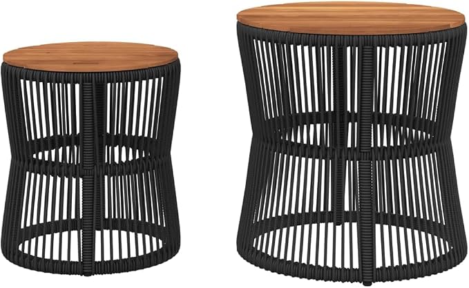 vidaXL Patio Side Tables Set - 2 Pcs, Wooden Top, Black Poly Rattan, Nesting Design, Outdoor Garden Furniture, Elegant & Space-Saving, Acacia Wood Tabletops, Ideal for Backyard or Patio, 19.7" & 15"