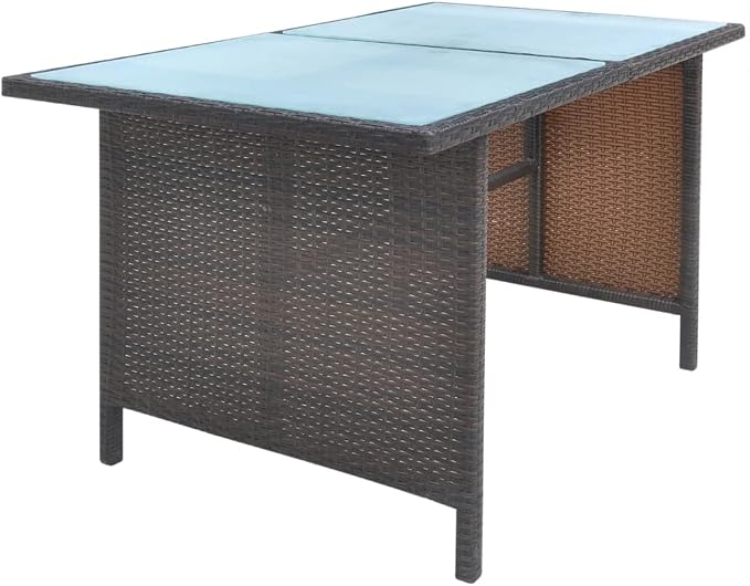 6 Piece Patio Dining Set with Cushions Poly Rattan Brown for Outdoor Garden Porch, 7-Person Rattan Furniture with Tempered Glass Table, Armchairs, Footrests, Weatherproof Seating
