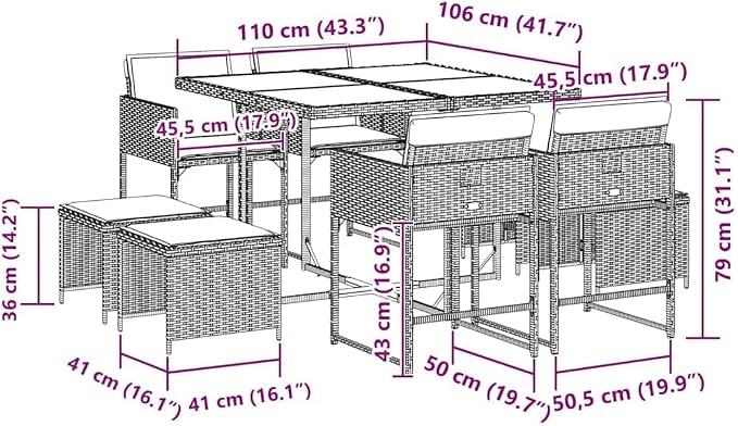9 Piece Garden Dining Set for 8, Black Brown Acacia Wood | Poly Rattan, Cream White Washable Cushions, Foldable Chairs, Patio Table