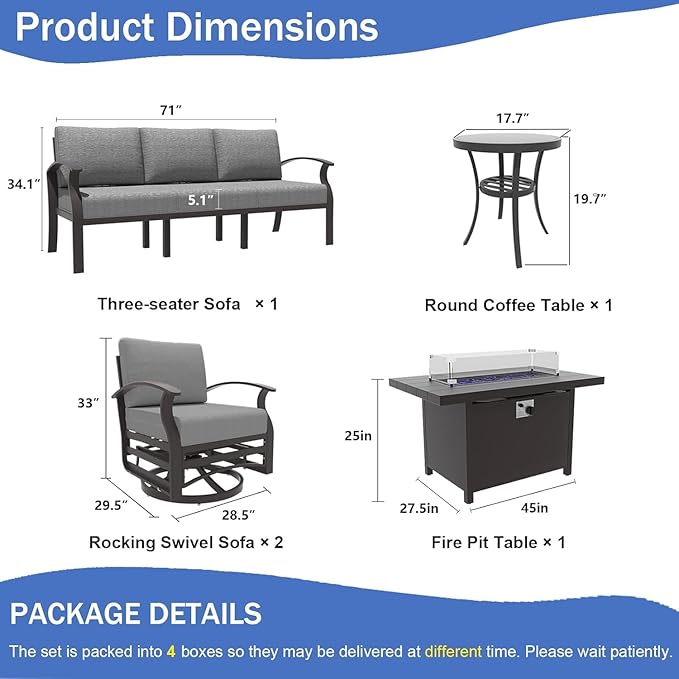 Kullavik Aluminum Patio Furniture Set,5 Piece Modern Metal Outdoor Patio Furniture w/5.1'' Thick Cushion,Swivel Chairs and 45" Propane Fire Pit Table,Patio Conversation Sets for Porch,Deck,Grey