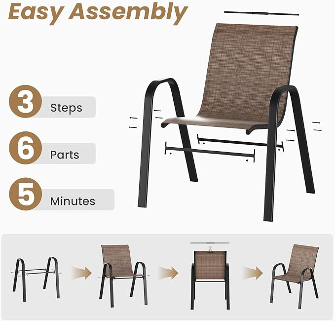 Soohow Patio Dining Set for 6, 7-piece Outdoor Dining Set 6 x Stackable Patio Chairs & 1 x Wood-Like Round Table with Umbrella Hole, All-Weather Outdoor Table and Chairs for Backyard, Balcony, Porch