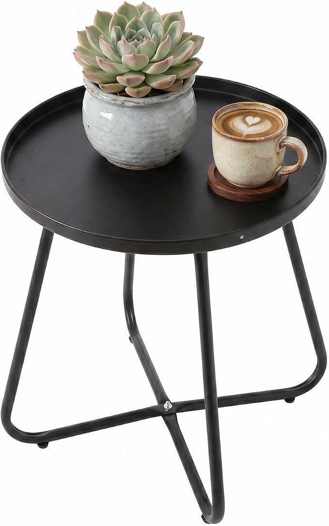 LITA Outdoor Side Table Metal Steel Weather Resistant Round End Table for Patio Balcony Living Room, Small Lightweight Weatherproof Accent Table,Black,Modern