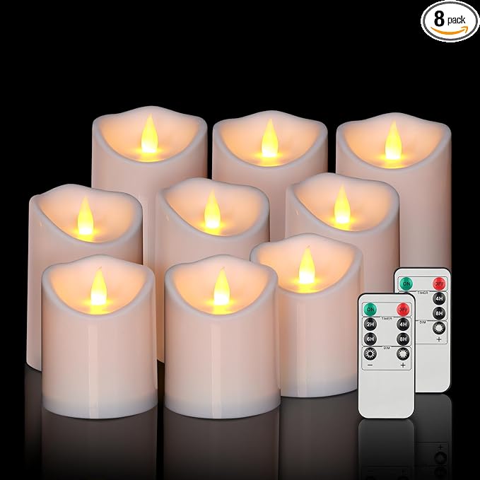 Outdoor Flameless Candles, Patented 3D Dual-LED, Set of 9 Slanted Plastic Pillars with 2 Remotes, Pure White Waterproof Non-Melting Battery Operated Large Set for Modern Fireplace, White