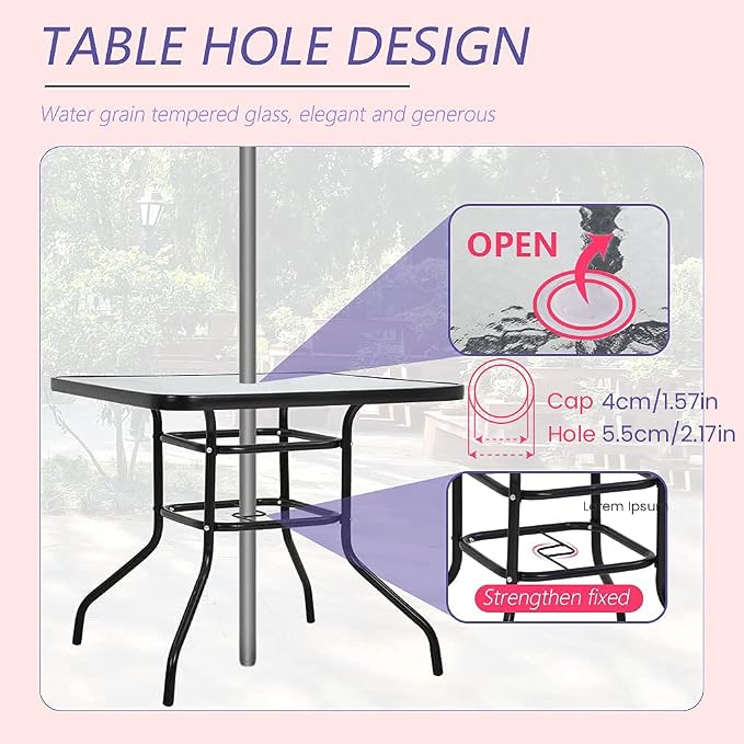 Outdoor Table Patio Table Dining Table with Tempered Glass Umbrella Hole for Lawn Balcony, Yard (Square)