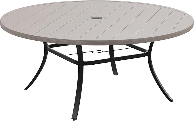 DIFY 63" Round Outdoor Patio Dining Table for 8-10, Metal Patio Table with 1.57" Adjustable Umbrella Hole, All-Weather Outdoor Furniture Table for Garden Backyard Deck, Grey Wood-Like