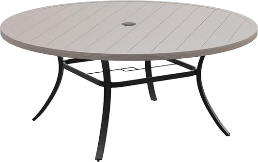 DIFY 63" Round Outdoor Patio Dining Table for 8-10, Metal Patio Table with 1.57" Adjustable Umbrella Hole, All-Weather Outdoor Furniture Table for Garden Backyard Deck, Grey Wood-Like