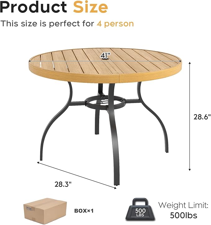 41" Round Outdoor Dining Table for 4, Metal Round Patio Table with Umbrella Hole, All-Weather Outdoor Patio Dining Table for Lawn Garden Deck Backyard (Brown)
