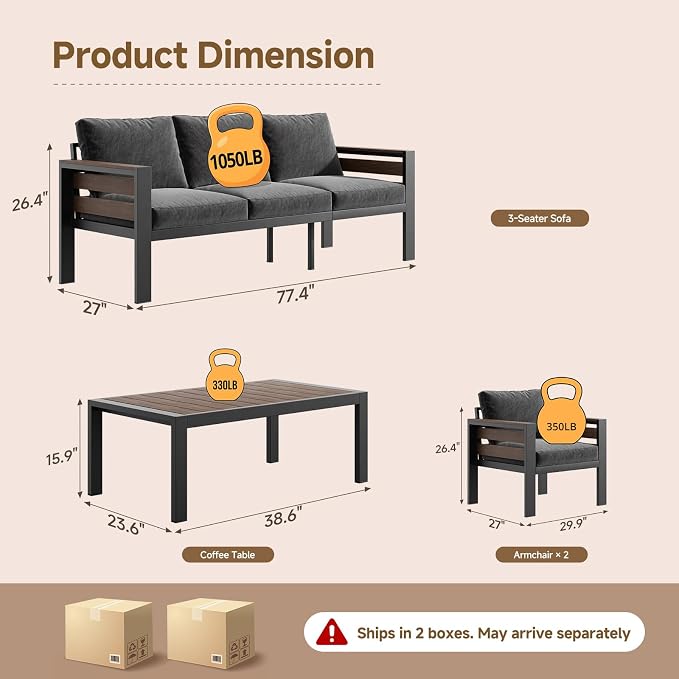 Outdoor Aluminum Patio Furniture Set, 5 Seat 4 Pieces Patio Conversation Sets with 28D Thick Washable Cushions and Coffee Table, Oversized Metal Sectional Sofa Set for Backyard Porch Deck Dalcony