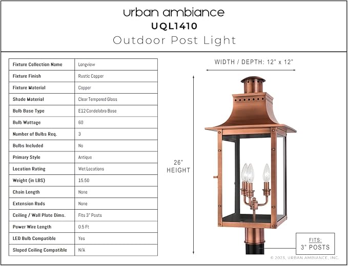 Luxury Antique Outdoor Post/Pier Light, Large Size: 26" H x 12" W, with French Country Style Elements, Rustic Copper Finish, UQL1410, Longview Collection