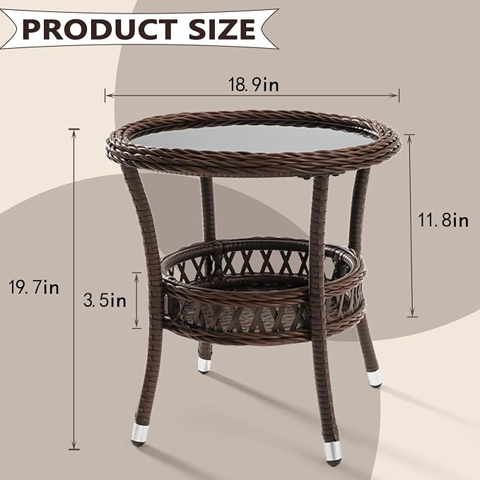 Outdoor Side Table Wicker Outdoor End Table for Patio Rattan Side Table for Outside Brown Patio Coffee Table with Storage & Glass Table Top Round for Backyard Porch