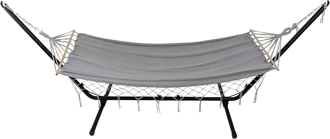 Hammock with Netted Fringe and Wooden Bars - 100" x 41" - Gray