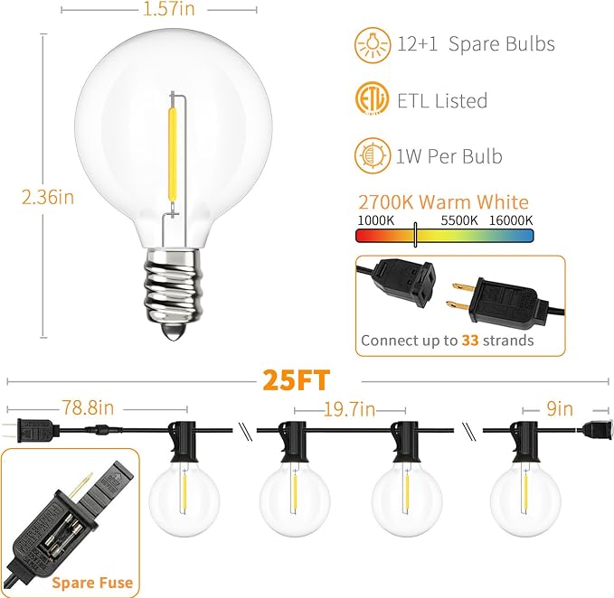 Svater Outdoor String Lights 25 FT G40 LED Patio Hanging Light Waterproof | 13 Shatterproof Edison Bulbs, Connectable Hanging Globe Light for Outside Backyard Party Warm White