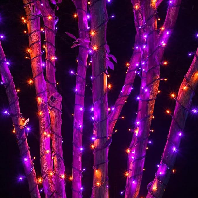 Solar Halloween Lights Outdoor 2 Pack 200 LED String Lights Orange Purple | 8 Lighting Modes, Memory Function, Auto On/Off, 66FT Waterproof Twinkle Lights for Outside Garden Party Tree Horror Decor