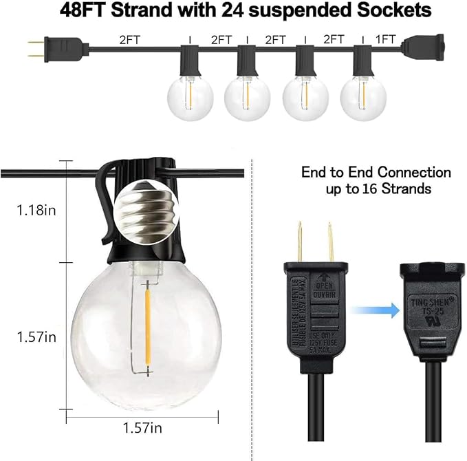 SUNTHIN Outdoor String Lights, 48FT Patio Lights with 25 G40 Shatterproof LED Bulbs(1 Spare), Waterproof Hanging Lights String for Outside Backyard, Porch, Deck, Party, Garden