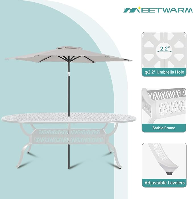MEETWARM 9-Piece Outdoor Patio Dining Set, All-Weather Cast Aluminum Patio Conversation Set with 2 Swivel Rocker Chairs, 6 Stationary, 1 Oval Table, 8 Cushions, 2" Umbrella Hole, White