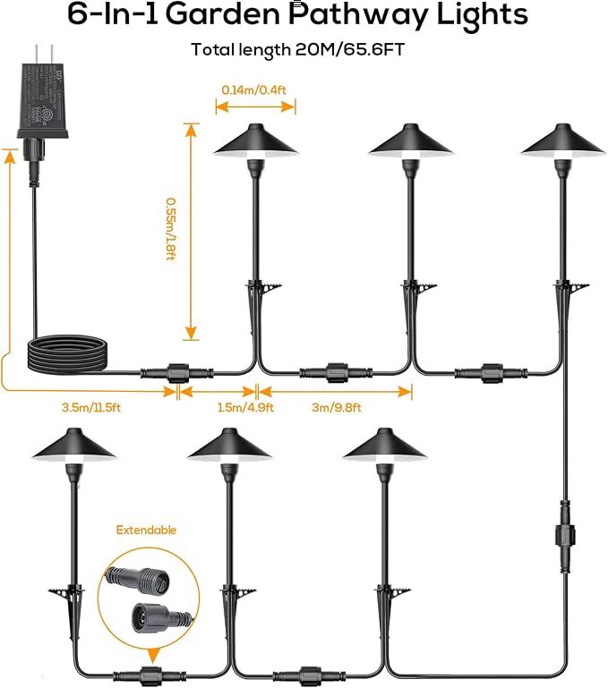 Low Voltage Pathway Lights with Timer, Plug in Landscape Path Light | 4H/6H/8H Timing, 3000K LED Landscape Lighting IP65 Waterproof ETL Listed, Set of 6 Lights Total 18W, Non-hardwired