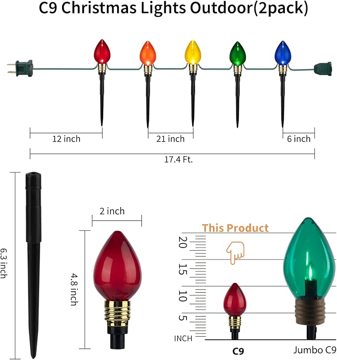 2 Pack C9 Christmas Pathway Lights Outdoor, Total 34.8Ft 20 LED Stake Light | Connectable C9 Pathway Lights, Waterproof Christmas Lights Outdoor for Walkway Yard Lawn Ground Sidewalk Driveway Decorations