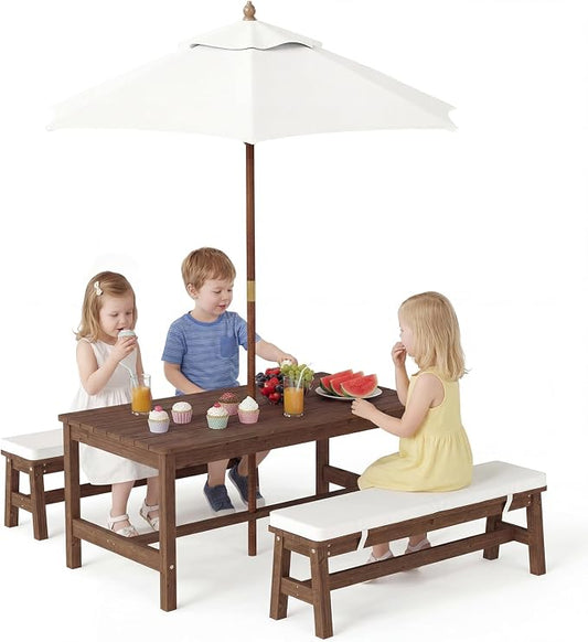 Olakids Kids Picnic Table, Outdoor Wooden Bench Set with Removable Cushions Adjustable Foldable Umbrella, Toddler Backyard Furniture for Patio Garden