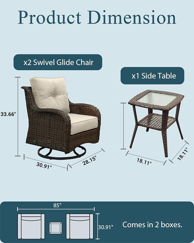 Luxury Patio Conversation Set, 3-Piece Ergonomic High Back Wicker Swivel Chair Set with 6-Inch Deep Seating Cushions, Large Patio Furniture Set for Garden, Deck & Balcony, Beige