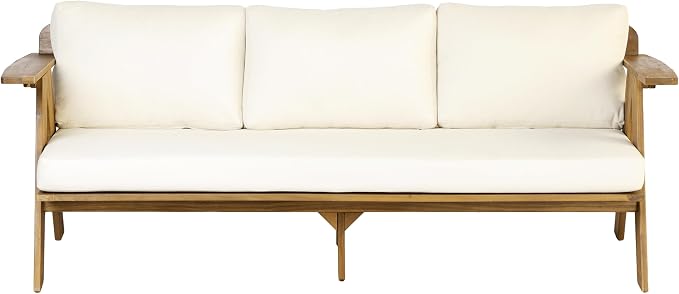 Christopher Knight Home Dina 4-Piece Patio Furniture Set, Acacia Wood Outdoor Conversation Set with Coffee Table, Outdoor 3-Seater Sofa and Club Chairs Set with Cushions for Backyard, Teak+Beige