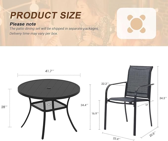 VICLLAX 5 Pieces Patio Outdoor Dining Set, 40.6" Round Metal Table with Umbrella Hole and 4 Stackable Textilene Chairs for Patio, Lawn, Garden, Porch, Black Table/Grey Chair