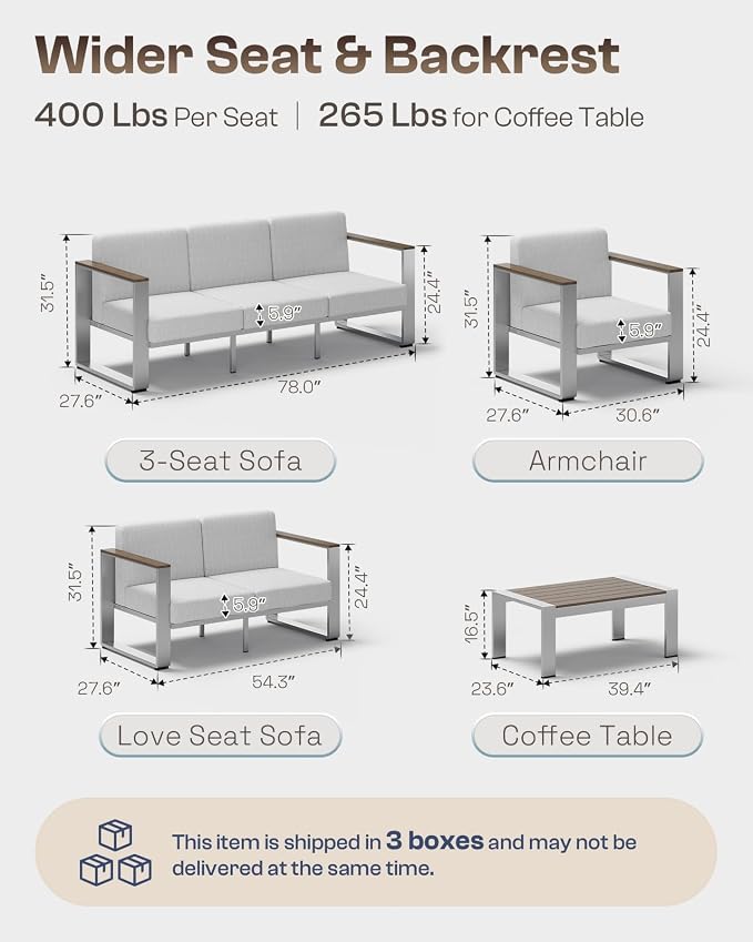 Outdoor Patio Furniture Set, 5 Seats Aluminum Patio Conversation Sets with Ergonomic Seat and Wide Washable Thick Cushions, Modern Outdoor Sectional Furniture for Balcony, Porch