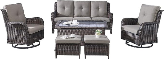 Rilyson Wicker Patio Furniture Set - 6 Piece Rattan Outdoor Sectional Conversation Sets with 2 Swivel Rocking Chairs,2 Ottomans,1 Sofa and 1 Coffee Table for Porch Deck Garden(Brown/Grey)