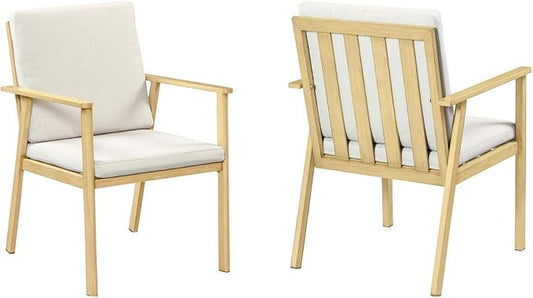 Never-Rust Outdoor Patio Dining Chairs, 2 Pieces Outdoor Aluminum Dining Chairs with Thickened Cushions, Patio Dining Furniture Chairs Set for Garden, Decks, Porch, Pool, Maple Wood