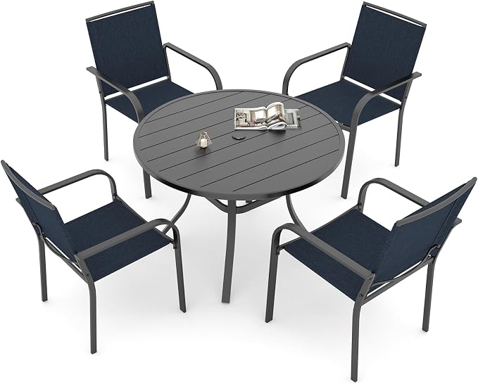 Outdoor 41" Round Metal Table and Navy Blue Stackable Chairs Dining Set 5 | 4 Piece Stackable Chairs Textilene Seat and Back, Table and Chair with Metal Frame, Round Slat Table Top, 1.9" Umbrella Hole