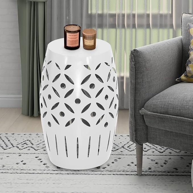 ABBLE Round Patio Outdoor Indoor Lace Cut Steel Side Table, Patio Garden Table, Coffee End Table Nightstand for Small Spaces,Living Room,Front Porch,Poolside, White