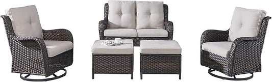 Rilyson Wicker Patio Furniture Set - 5 Piece Rattan Outdoor Sectional Conversation Sets with 2 Rocking Swivel Chairs,2 Ottomans and 1 Loveseat for Porch Deck Garden(Brown/Beige)