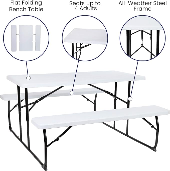 Flash Furniture Insta-Fold Picnic Table - White Wood Grain Folding Picnic Table Bench Set for Adults - 4.5 Foot Folding Table