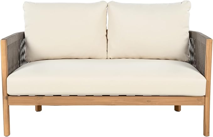 Christopher Knight Home Havets 4 Pieces Outdoor Acacia Furniture Set, Woven Rope Loveseat and Accent Club Chairs, Conversation Sets with 6" Thick Cushions for Backyard Garden Balcony, Gray+Beige