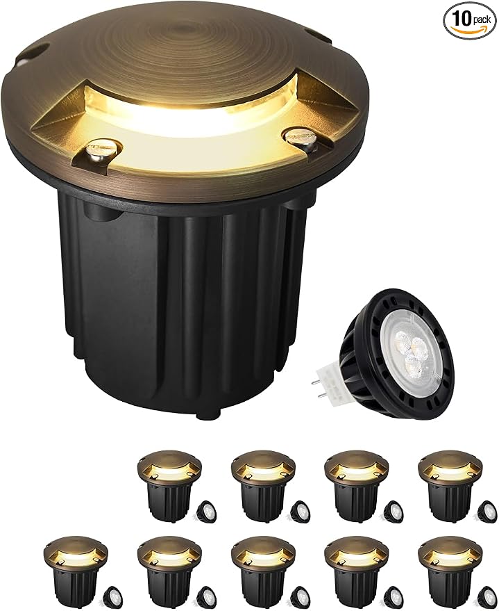 MALORY Brass Top Cover Landscape Well Lights,（φ126 mm 12V Low Voltage Outdoor In Ground Lights,5W Landscape Lighting for Pathway, Driveway and Garden (One-Direction Turret, 10-Pack with Bulb)