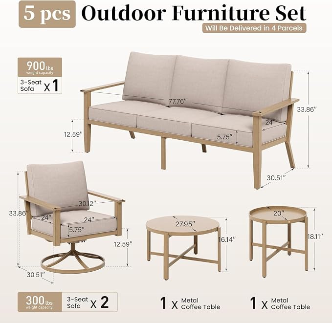 SUNSHINE VALLEY Patio Conversation Set,5 Pcs Metal Outdoor Furniture with 3-Seater Sofa,2 Swivel Chairs,Metal Nested Table and 5.75" Extra Thick Cushion for Lawn Garden Backyard,Beige