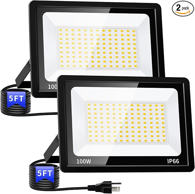 2 Pack 100W LED Flood Light, IP66 Waterproof | 12000LM, 5000K Daylight White, Plug in with 5ft Cord, Outdoor Exterior Lighting, for Yard, Garage, Patio, Backyard