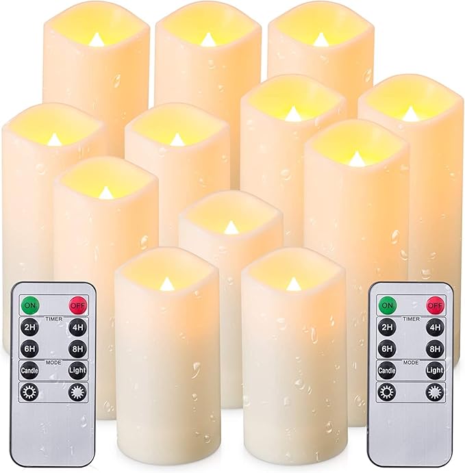 YOROXRG 12 Pack Flameless Candles Battery Operated Waterproof Led Candles (D:2.2" X H:4" 5" 6" 7") Candles with 2 Remotes Contro for Wedding, Party, Birthday
