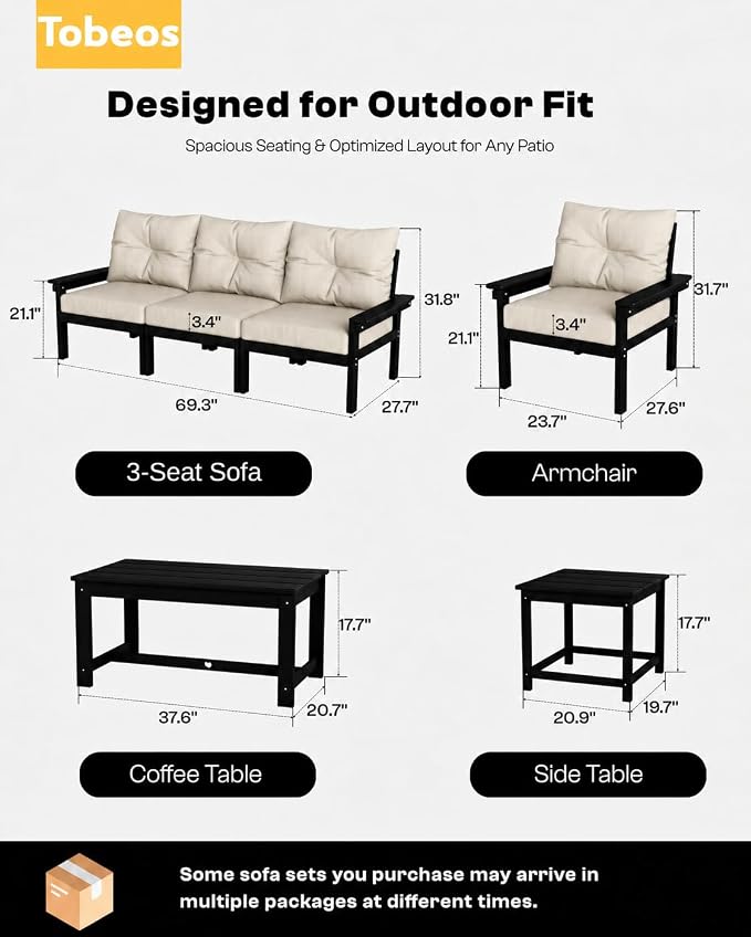 HDPE 4 Piece Patio Furniture Set, All-Weather Outdoor Couch with Thick Cushions & Coffee Table, Patio Conversation Sets for Lawn, Garden, Porch, Balcony, Deck, Poolside,Black Frame Beige Cushion