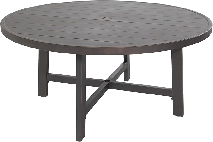 Ulax furniture Outdoor Dining Table 60 Inch Round - Aluminum Patio Table with Umbrella Hole, Weather-Resistant Garden Table for 6 (Brown)