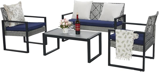 BEEFURNI Wicker Patio Furniture Outdoor Conversation Set of 4, Rattan Outdoor Furniture Set, Acacia Wood Table, 2 Chairs, 1 Loveseat, 2” Cushions, All Weather Set for Patio, Porch, Balcony (Gray)