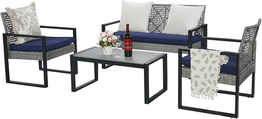 BEEFURNI Wicker Patio Furniture Outdoor Conversation Set of 4, Rattan Outdoor Furniture Set, Acacia Wood Table, 2 Chairs, 1 Loveseat, 2” Cushions, All Weather Set for Patio, Porch, Balcony (Gray)