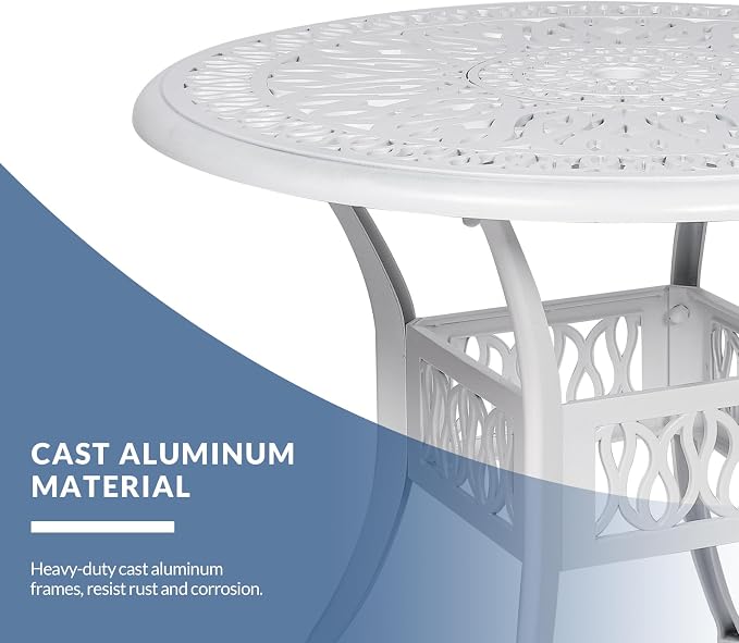 35.4 Inch Outdoor Dining Table Round Patio Table Bronze Cast Aluminum Rustic Large Table with Umbrella Hole, White