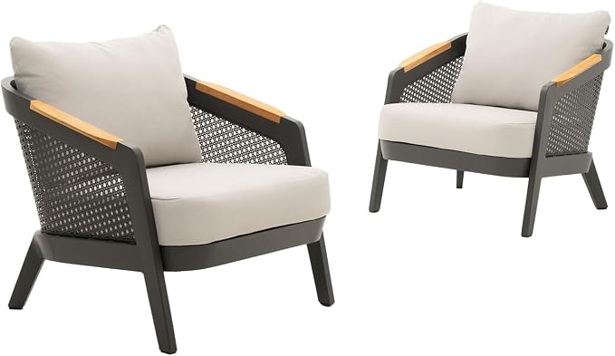 2 Pieces Patio Furniture Set Outdoor Sectional Sofas Patio Couch Aluminum Sofa Set with Thick Cushions & Teak Armrests, Grey