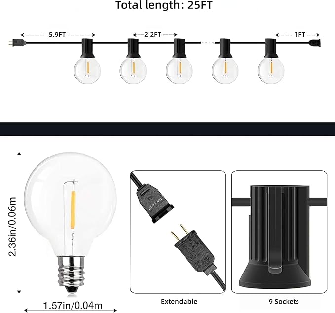 GPATIO Outdoor String Lights, 25FT G40 Bulbs Shatterproof Patio Lights, Waterproof Dimmable Hanging Outdoor Lights, Connectable LED Outside Lights for Backyard Yard Gazebo Porch Party