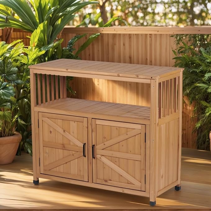Outdoor Storage Cabinet, Patio Cabinet, Solid Wood Outdoor Console Table, Light Brown Slatted Fir Wood Outdoor Buffet Table, Serving Station, Bar Counter, 220 lb Capacity