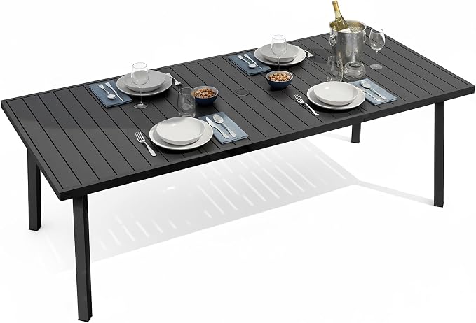 82"×35" Never-Rust Aluminum Outdoor Dining Table – Rectangular Patio Table for 8 Person with Umbrella Hole, Heavy Duty All-Weather for Poolside, Garden, Backyard, Porch, Deck, Black